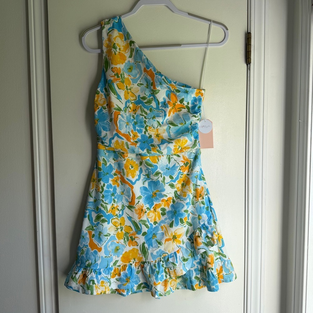 Blashe One Shoulder Floral Ruffle Mini Dress Blue Yellow BD05583-U1830 Womens M
